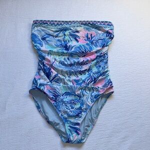 Lilly Pulitzer Blue and Pink Strapless Floral-Print One-Piece